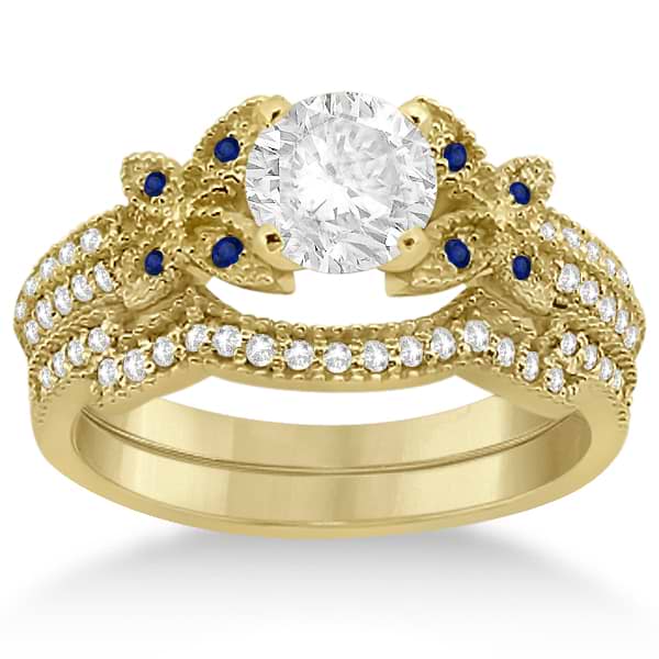 Butterfly Diamond & Blue Sapphire Bridal Set 18k Yellow Gold (0.39ct)