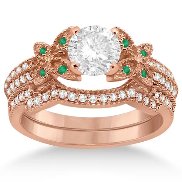 Butterfly Diamond & Emerald Bridal Set 14K Rose Gold (0.39ct)