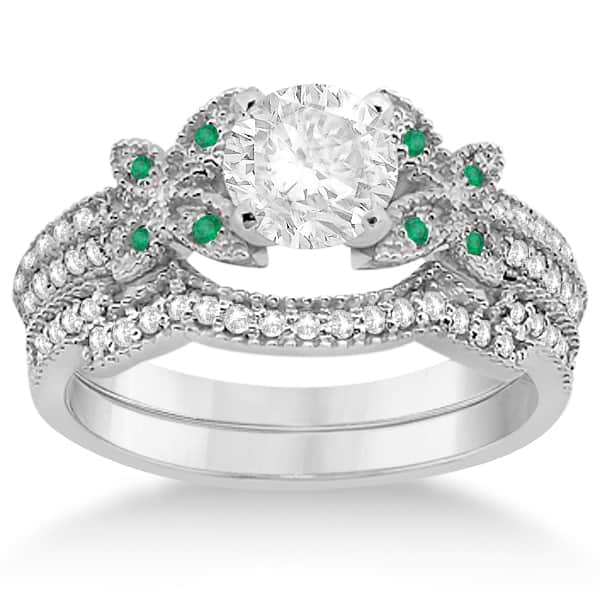 Butterfly Diamond & Emerald Bridal Set 14K White Gold (0.39ct)