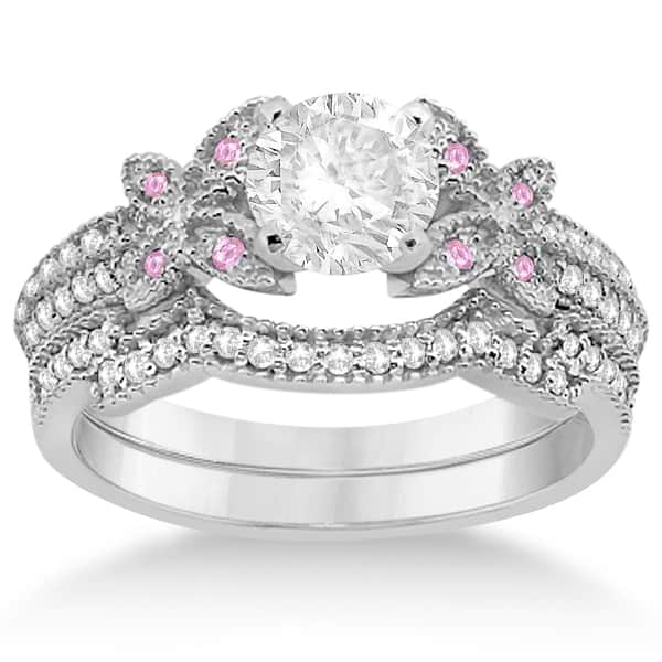 Butterfly Diamond & Pink Sapphire Bridal Set Palladium (0.39ct)