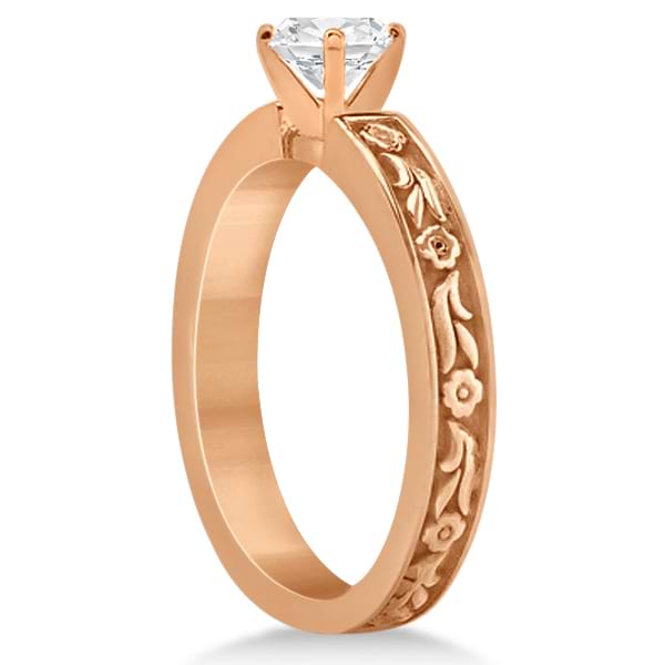 Hand-Carved Flower Design Solitaire Engagement Ring in 14k Rose Gold
