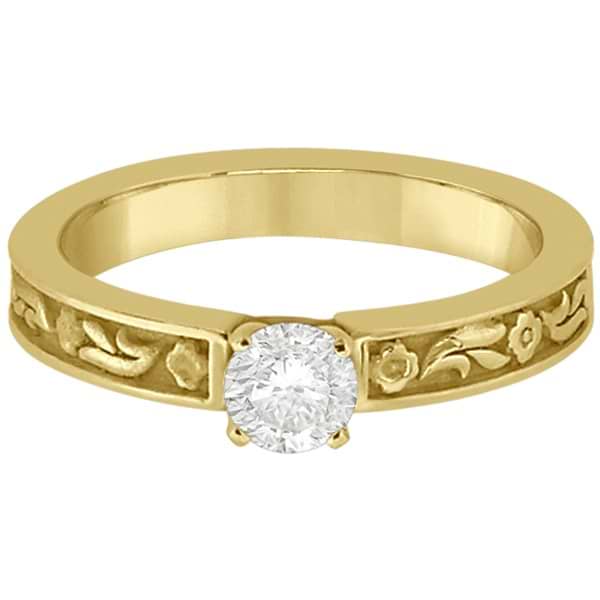 Hand-Carved Flower Design Solitaire Engagement Ring in 14k Yellow Gold
