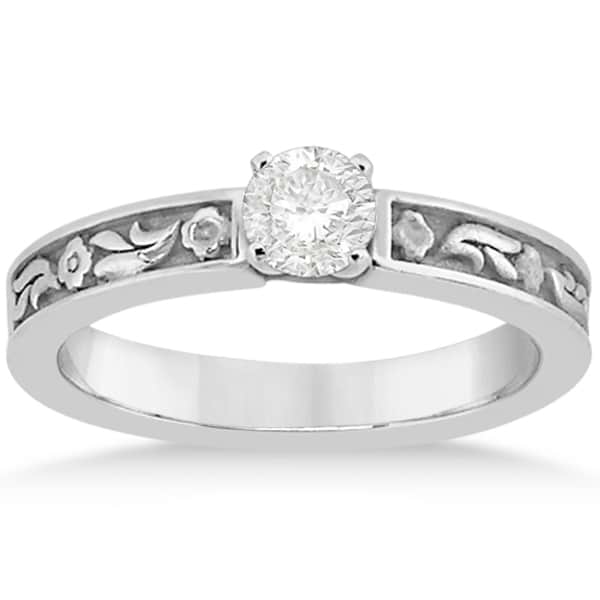 Hand-Carved Flower Design Solitaire Engagement Ring in 18k White Gold