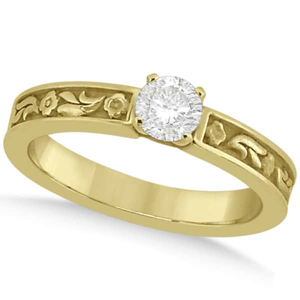 Hand-Carved Flower Design Solitaire Engagement Ring in 18k Yellow Gold