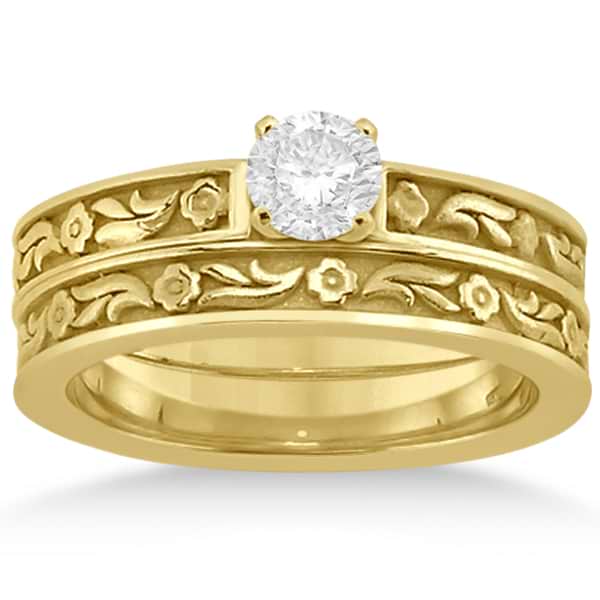 Carved Eternity Flower Design Solitaire Bridal Set in 18k Yellow Gold