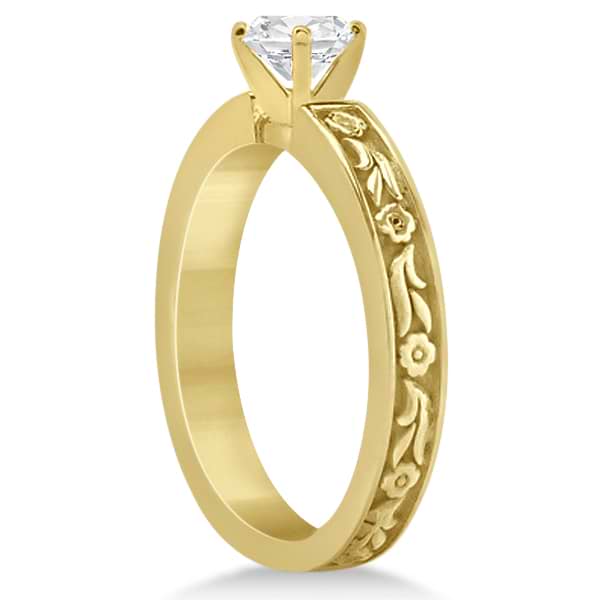 Carved Eternity Flower Design Solitaire Bridal Set in 18k Yellow Gold