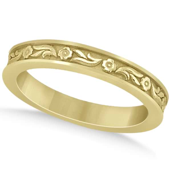 Hand-Carved Eternity Flower Design Wedding Band in 14k Yellow Gold