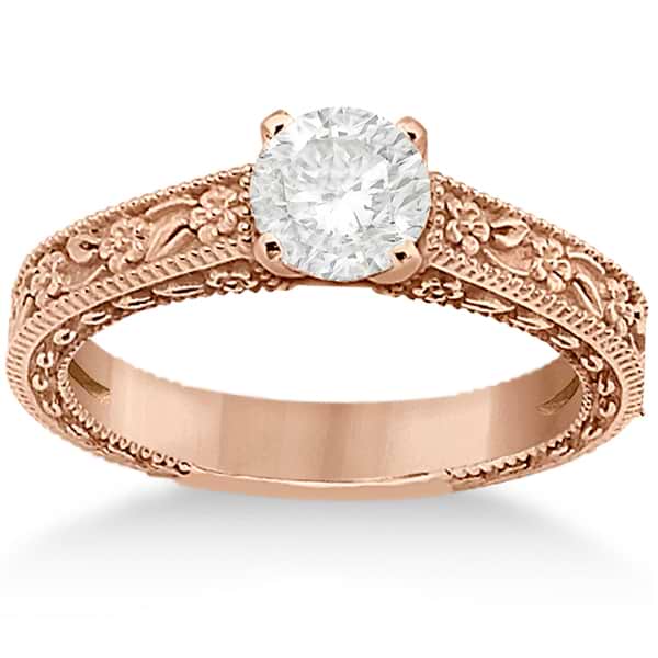 Carved Flower Solitaire Engagement Ring Setting in 14K Rose Gold