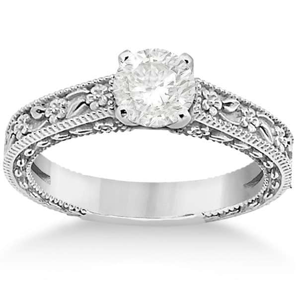 Carved Flower Solitaire Engagement Ring Setting in Platinum