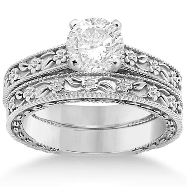 Carved Floral Wedding Set Engagement Ring & Band 14K White Gold
