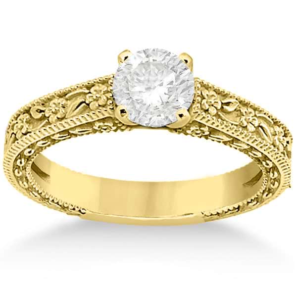 Carved Floral Wedding Set Engagement Ring & Band 14K Yellow Gold