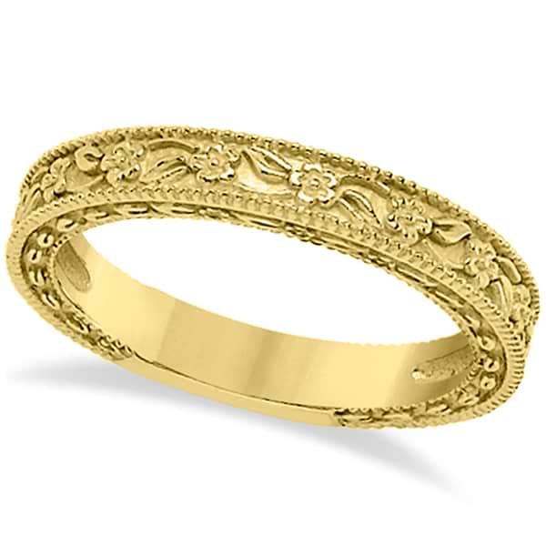 Carved Floral Wedding Set Engagement Ring & Band 14K Yellow Gold