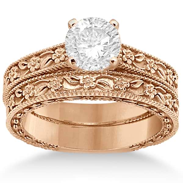 Carved Floral Wedding Set Engagement Ring & Band 18K Rose Gold