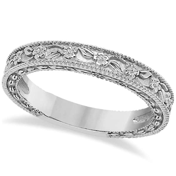 Carved Floral Wedding Set Engagement Ring & Band 18K White Gold