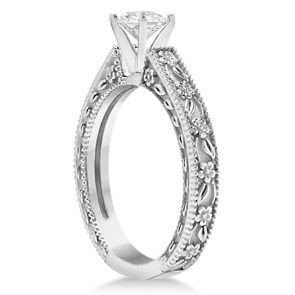 Carved Floral Wedding Set Engagement Ring & Band in Palladium