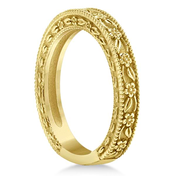 Carved Floral Designed Wedding Band Anniversary Ring 14K Yellow Gold - U2486