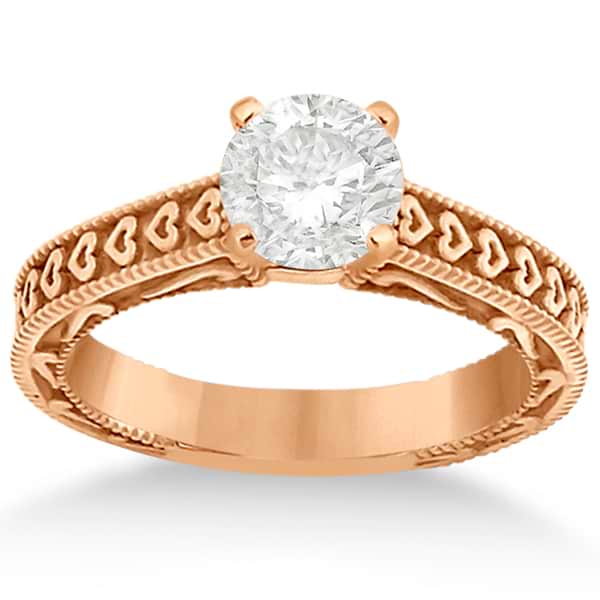 Solitaire Engagement Ring Setting with Carved Hearts 14K Rose Gold