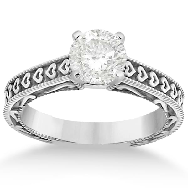 Solitaire Engagement Ring Setting with Carved Hearts 14K White Gold