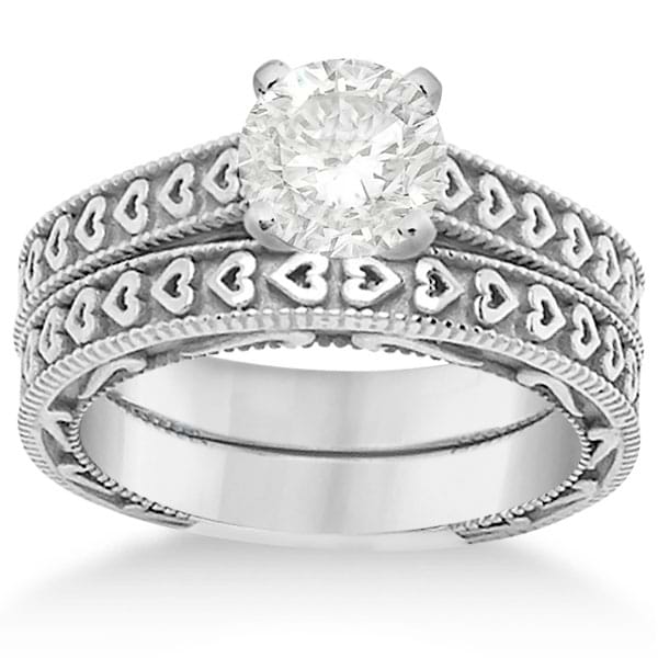 Carved Engagement Ring with Wedding Band Bridal Set in 14K White Gold