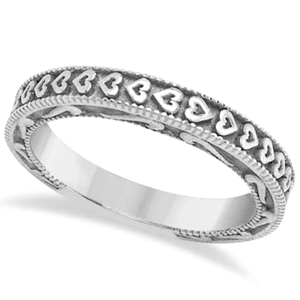 Carved Heart Wedding Ring Ladies Bridal Band Crafted in 14K White Gold