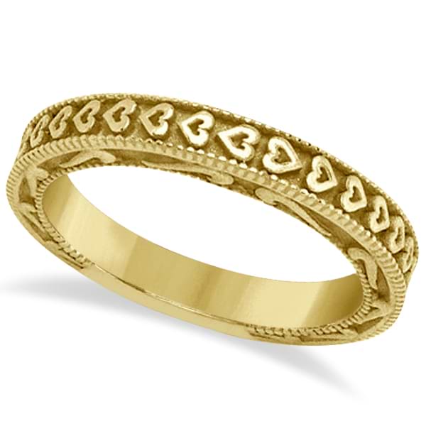 Carved Heart Wedding Ring Ladies Bridal Band Crafted in 18K Yellow Gold
