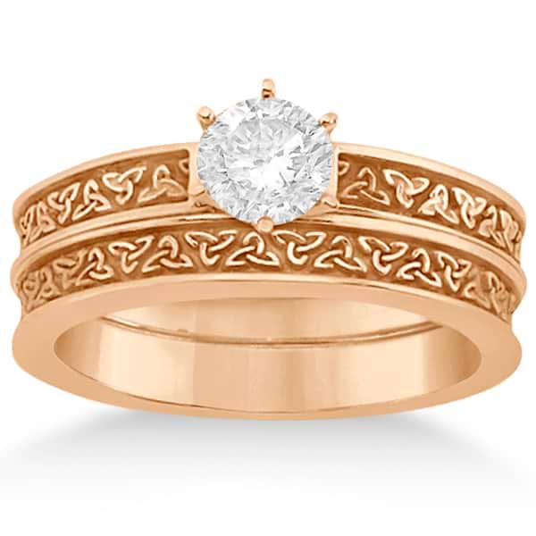 Carved Irish Celtic Engagement Ring & Wedding Band Set 14K Rose Gold