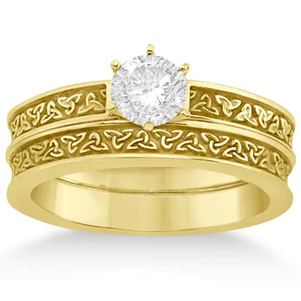 Carved Irish Celtic Engagement Ring & Wedding Band Set 18K Yellow Gold