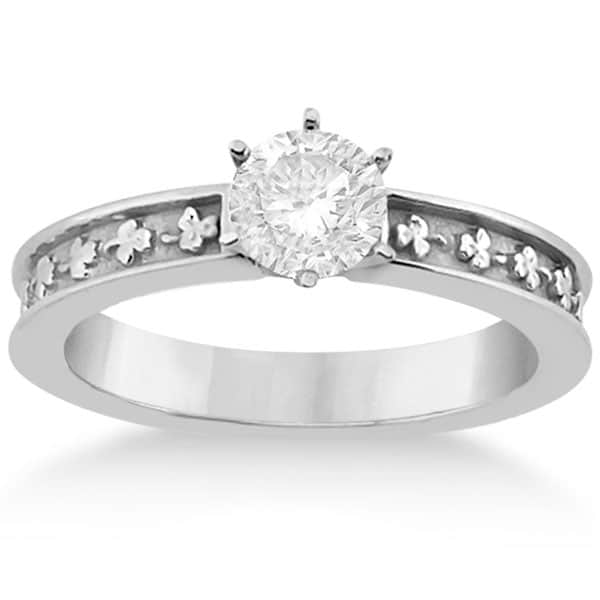 Carved Clover Solitaire Engagement Ring Setting in 14K White Gold