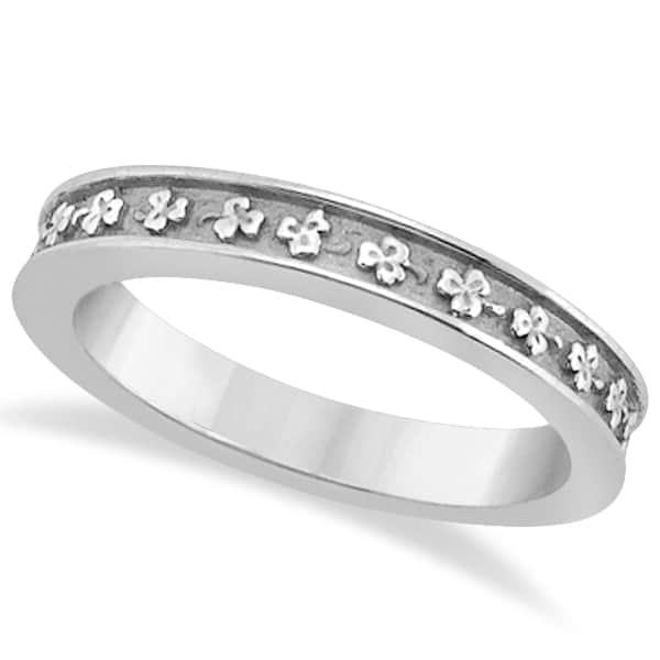 Carved 3 Leaf Clover Wedding Band Bridal Ring 14K White Gold