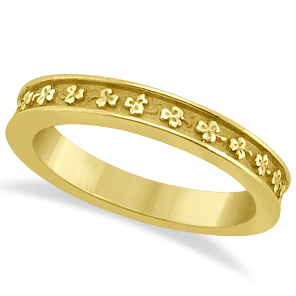 Carved 3 Leaf Clover Wedding Band Bridal Ring 14K Yellow Gold