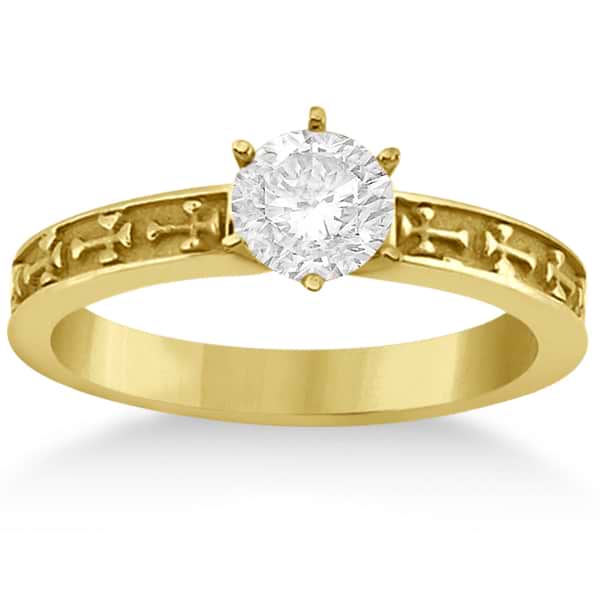 Carved Cross Solitaire Engagement Ring Setting in 14K Yellow Gold