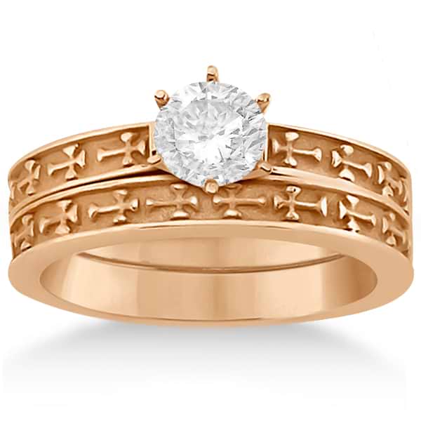 Carved Cross Engagement Ring & Band Wedding Set in 14K Rose Gold