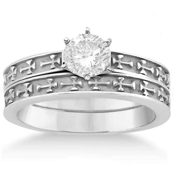 Carved Cross Engagement Ring & Wedding Band Set in 14K White Gold