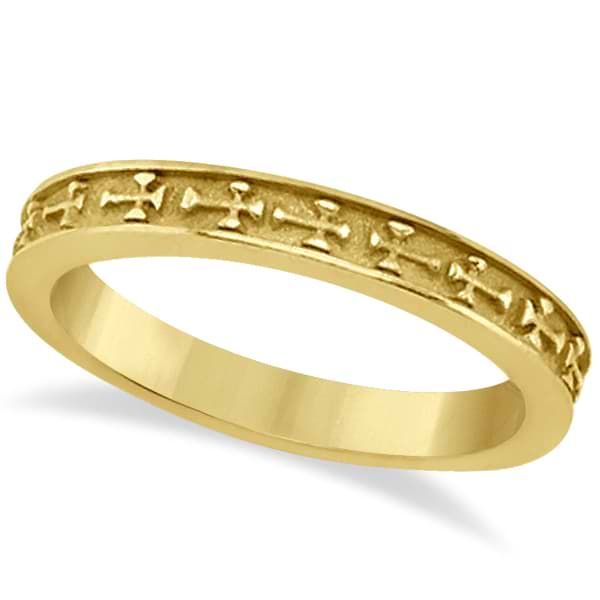 Carved Cross Wedding Band Christian Cross Ring in 14K Yellow Gold