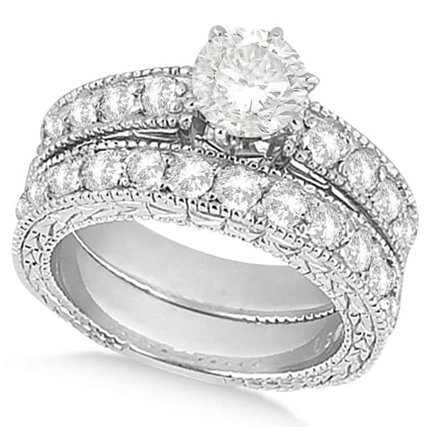 Antique Round Diamond Engagement Bridal Set 14k White Gold (3.41ct)