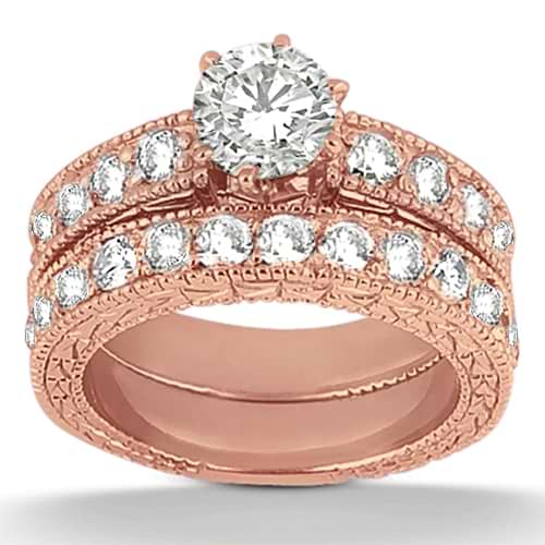 Antique Diamond Engagement Ring & Wedding Band 18k Rose Gold (1.70ct)