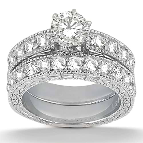 Antique Diamond Engagement Ring & Wedding Band 18k White Gold (1.70ct)