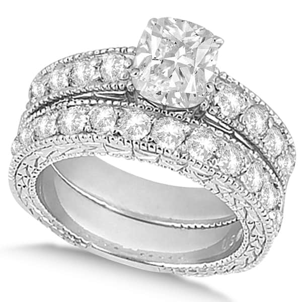 Cushion-Cut Vintage Style Diamond Bridal Set 14k White Gold (2.41ct)