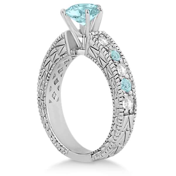 Diamond & Aquamarine Vintage Engagement Ring in 14k White Gold (1.75ct)