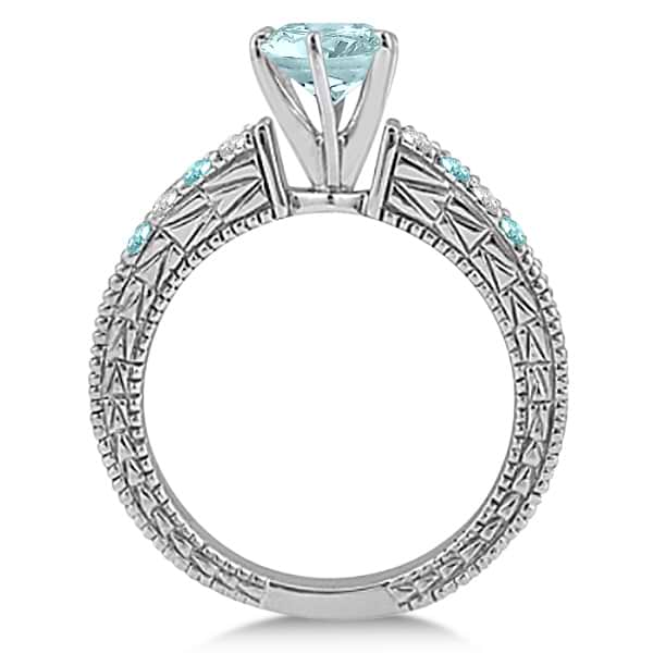 Diamond & Aquamarine Vintage Engagement Ring in 14k White Gold (1.75ct)