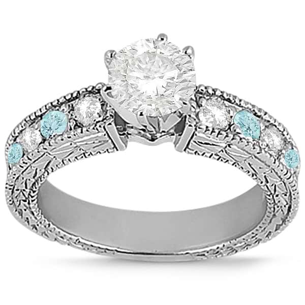 Antique Diamond & Aquamarine Engagement Ring Palladium (0.75ct)