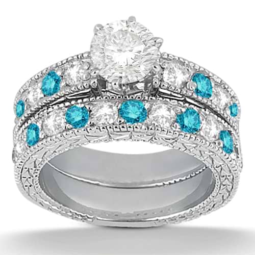 White & Blue Diamond Engagement Ring & Band 14K White Gold (1.61ct)
