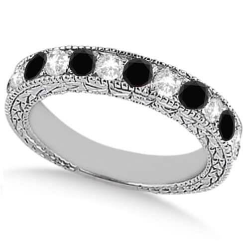 Antique White & Black Diamond Wedding Ring Band 14k White Gold (1.05ct)