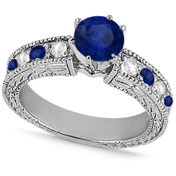 Diamond & Blue Sapphire Vintage Engagement Ring in 18k White Gold (1.75ct)