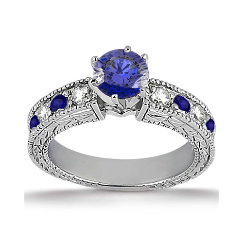 Custom Antique Diamond & Blue Sapphire Engagement Ring 14k White Gold