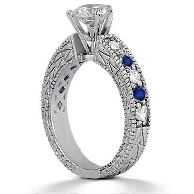 Antique Diamond & Blue Sapphire Engagement Ring 18k White Gold (0.75ct)