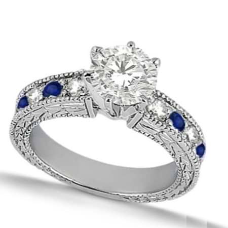 Blue Sapphire & Diamond Vintage Engagement Ring 14k White Gold 1.50ct