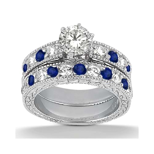 Antique Diamond & Blue Sapphire Bridal Set 14k White Gold (1.80ct)