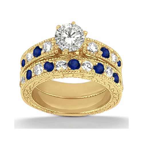 Antique Diamond & Blue Sapphire Bridal Set 14k Yellow Gold (1.80ct)