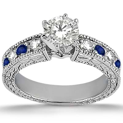 Antique Diamond & Blue Sapphire Bridal Set Palladium (1.80ct)